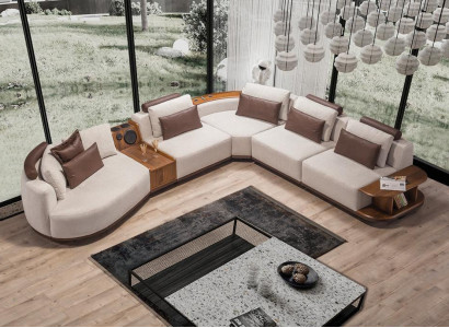 Beiges Wohnzimemr Ecksofa Exklusive L-Form Couch Modernes Holzgestell